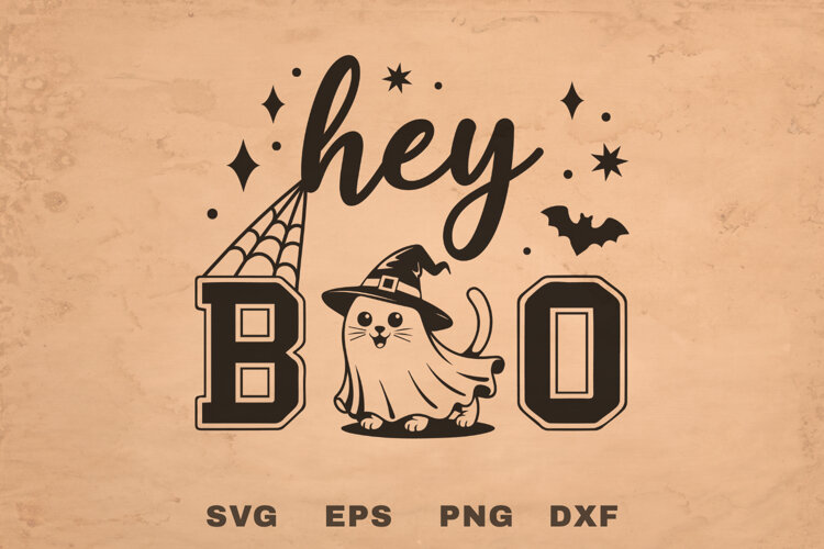 Hey Boo Halloween Witch Cat SVG example image 1