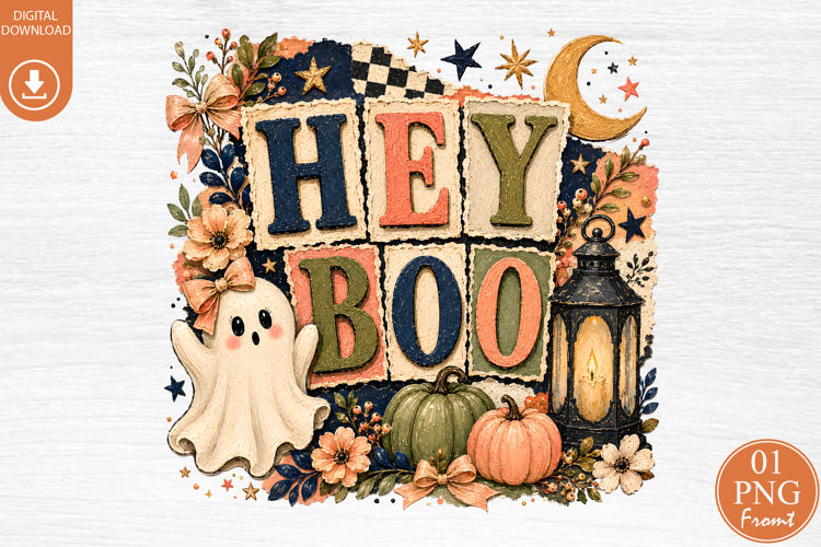 Hey Boo Halloween Sublimation, Rustic Vintage Ghost PNG