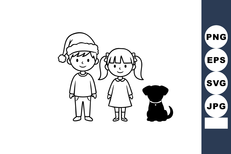 Boy girl with dog simple black and white vector illustration