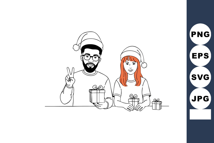 Man and woman wearing Santa hats holding Christmas gifts wit