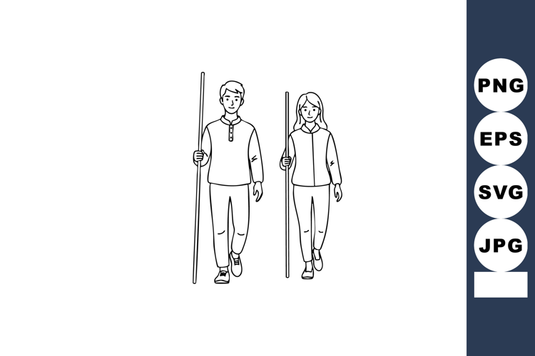 Young man and woman walking with long sticks in minimalistic