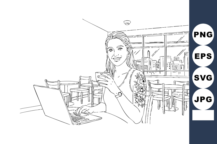 Woman working on laptop with coffee cup in modern office int