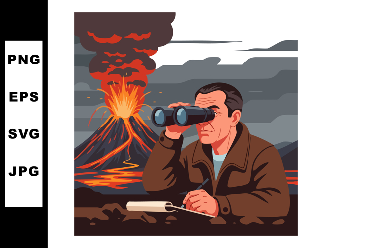 Geologist observing active volcanic eruption with binoculars