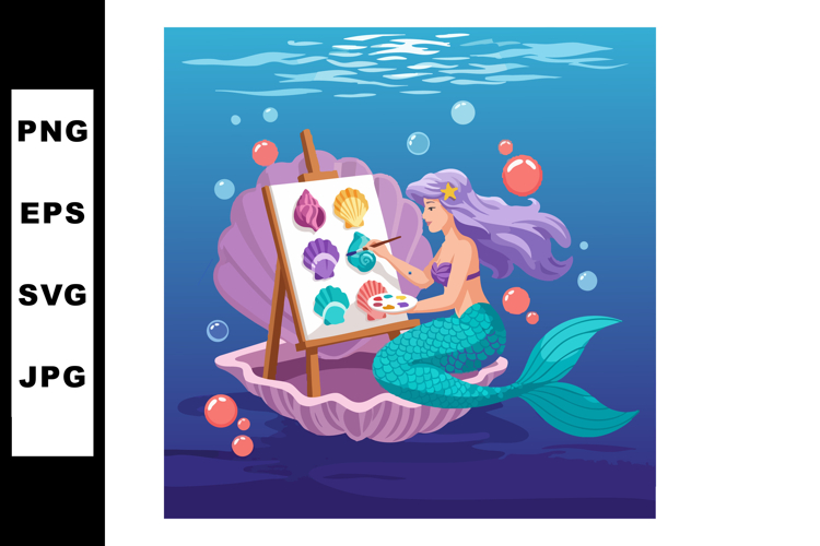 Mermaid painting colorful seashells underwater with purple h example image 1