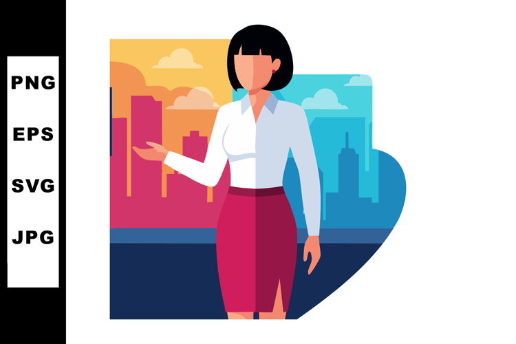 Businesswoman in red skirt presenting cityscape with skyscra