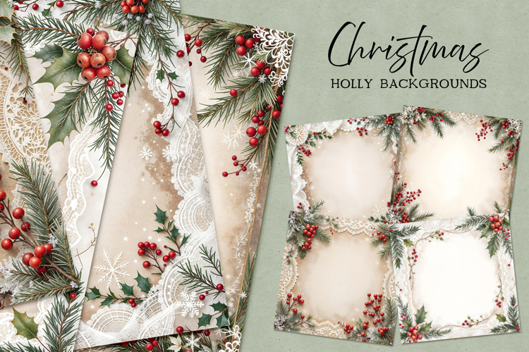 Christmas Holly JPG Backgrounds or Digital Paper Set