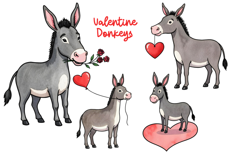 Valentines Day Donkeys PNG Sublimation or Clipart Set