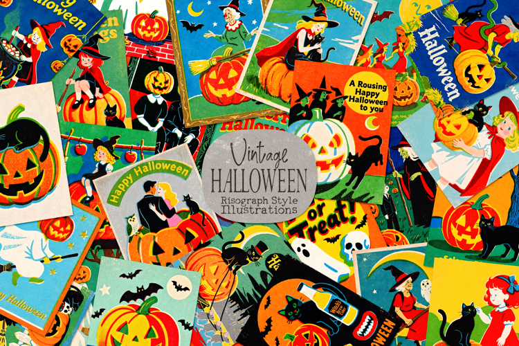 Vintage Halloween Card Illustrations For Poster, Party Decor