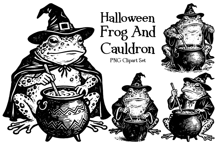 Frog Witch And Cauldron PNG Halloween Sublimation Set