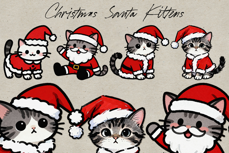 Christmas Santa Claus Kittens Sublimation Illustrations PNG