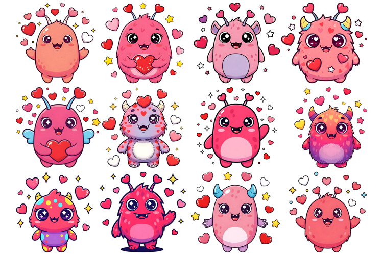 Cute Valentines Day Monsters Transparent PNG Sublimation