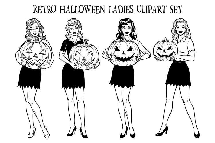 Retro Ladies Halloween Png Clipart for Sublimation, Wall Art