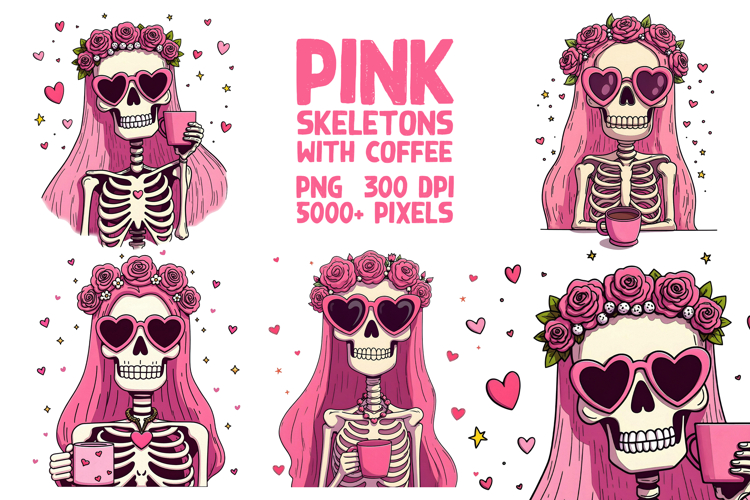 Pink Skeleton With Coffee Sublimation Clipart Collection