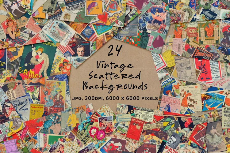 24 Vintage Scattered Ephemera Backgrounds