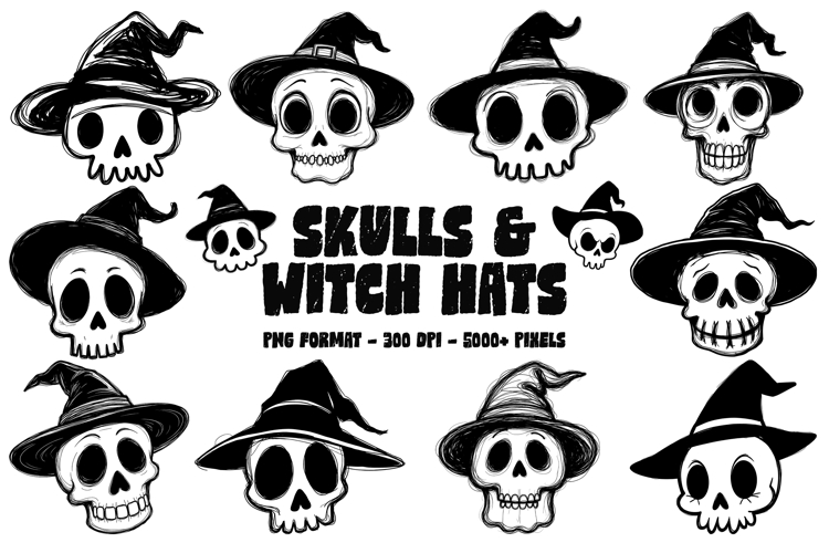 Skulls Wearing Witch Hats, Halloween Clipart, Sublimation