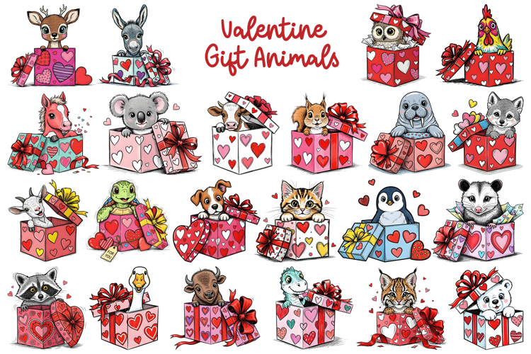 Valentines Day Gift Box Animals Sublimation PNG Collection