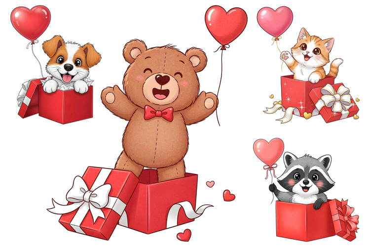 Valentines Day Animal Gifts PNG Sublimation clipart set