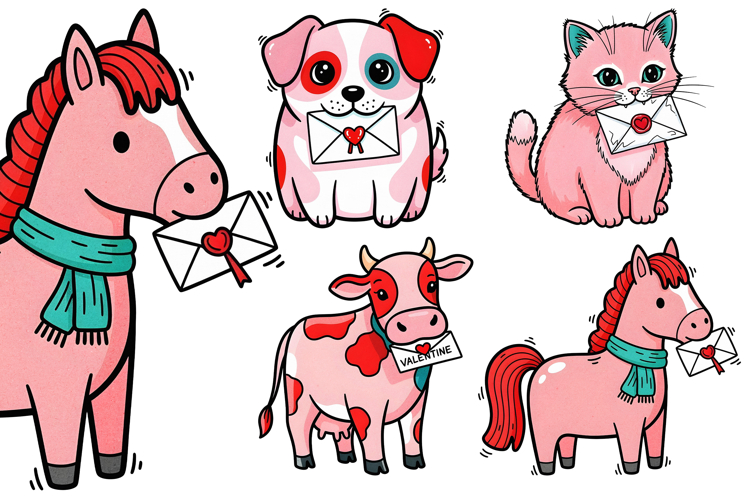 Valentines Day Animals PNG Sublimation Set With Letters