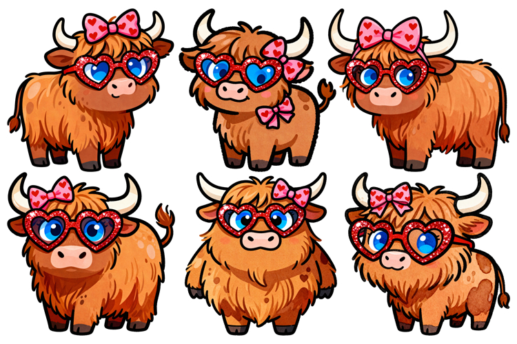 Valentines Day Highland Cows Clipart or Sublimation Set