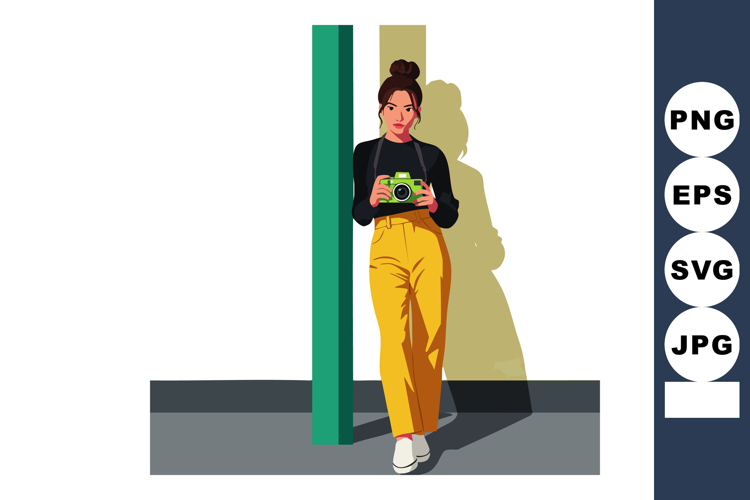 Young woman standing with camera near green pole in yellow p