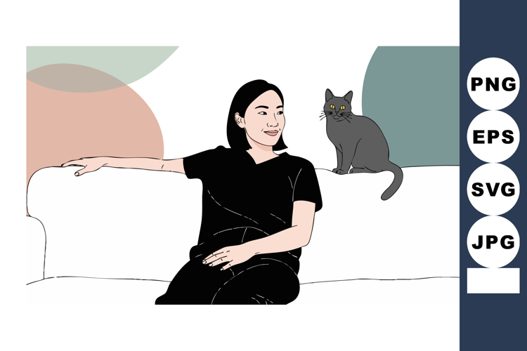 Young woman sitting relaxed on white sofa with black cat com