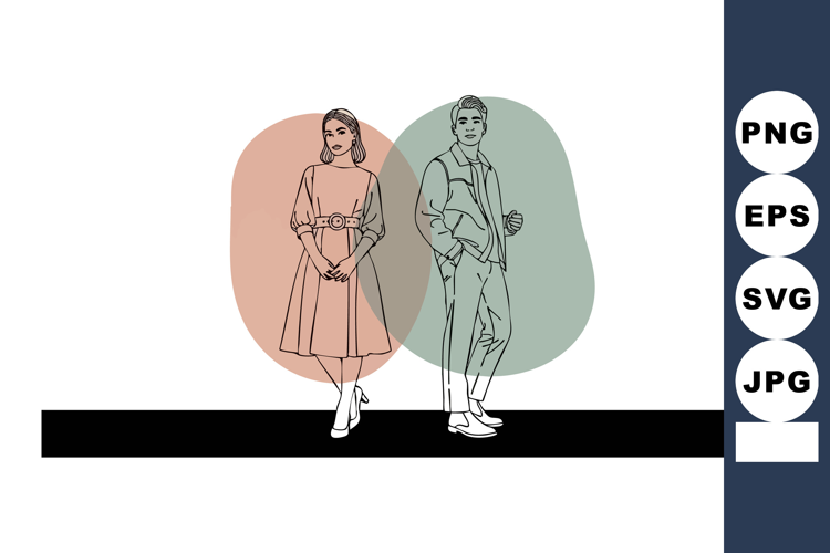 Minimalist vector art of fashionable man and woman standing