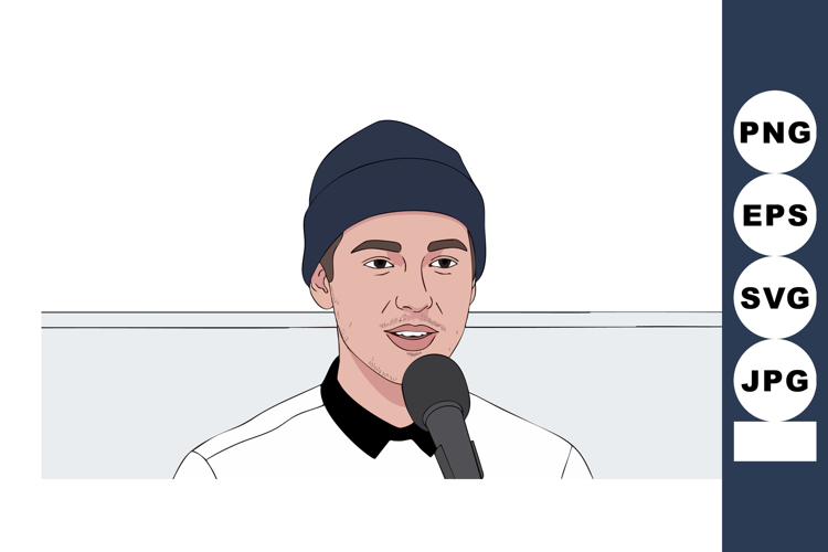 Young man speaking into microphone during event wearing blac