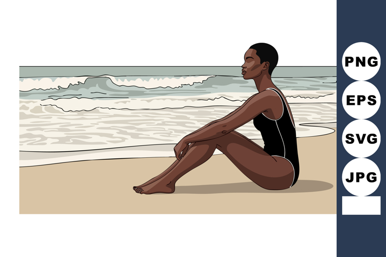 Woman sitting on beach shore in black swimsuit relaxing near example image 1