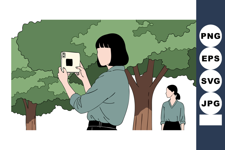 Woman using instant camera outdoors capturing photos in gree