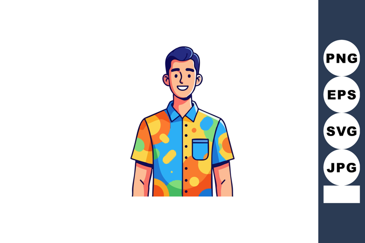 Young man wearing colorful patterned shirt smiling with casu