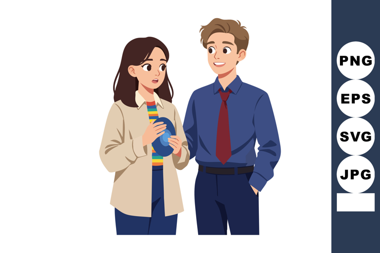 Young man and woman talking together with casual and busines