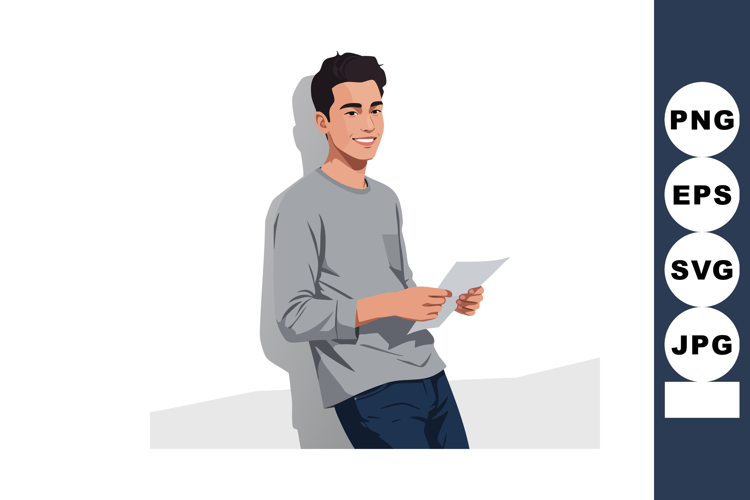 Young man reading letter leaning relaxed on wall casual clot