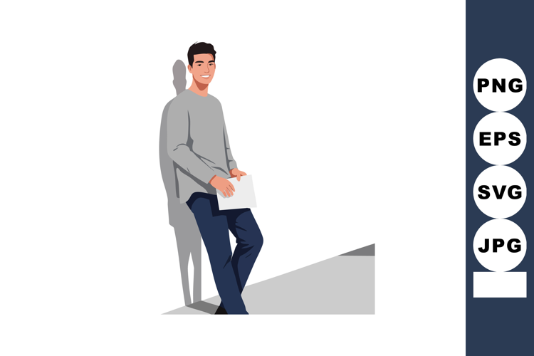 Young man leaning on wall holding paper casual style vector