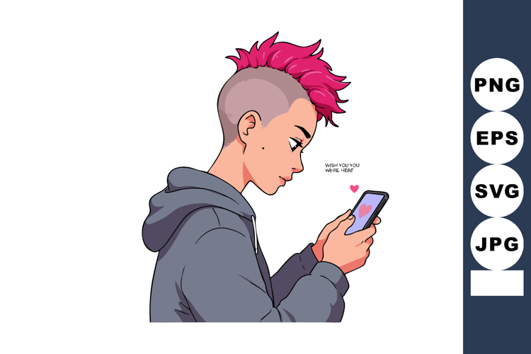 Young person with pink mohawk hairstyle wearing hoodie using example image 1
