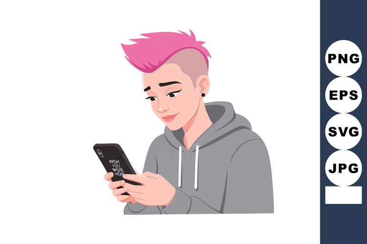 Young person with pink hair using smartphone wearing grey ho