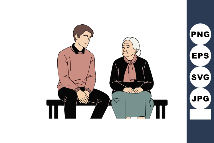 Elderly woman and young man sitting on bench vector illustra