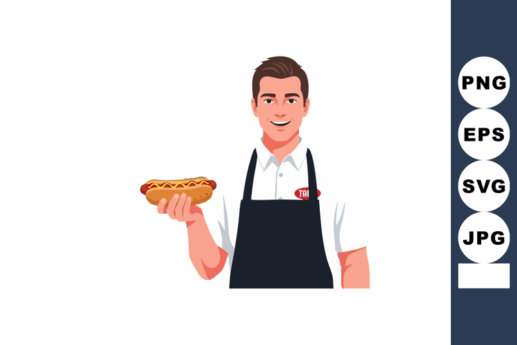Man wearing apron holding hot dog smiling friendly casual ve