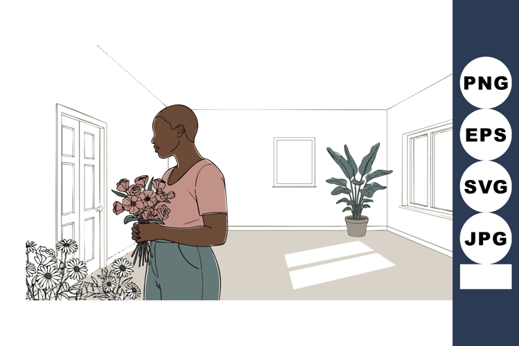 Woman holding flowers standing near door in bright room with