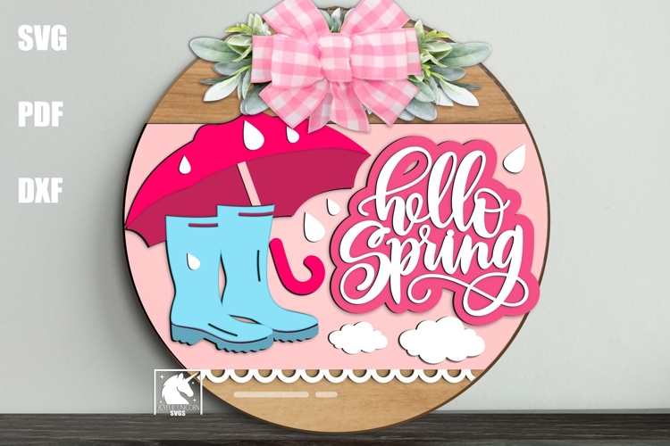 Hello Spring Umbrella Round Sign SVG | Spring Rain Boots SVG
