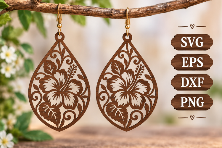 Hibiscus Floral Earring Teardrop Wood Silhouette Laser SVG
