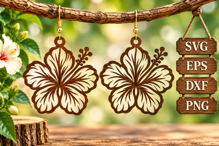 Hibiscus Flower Earring Wood Silhouette Tropical Summer SVG