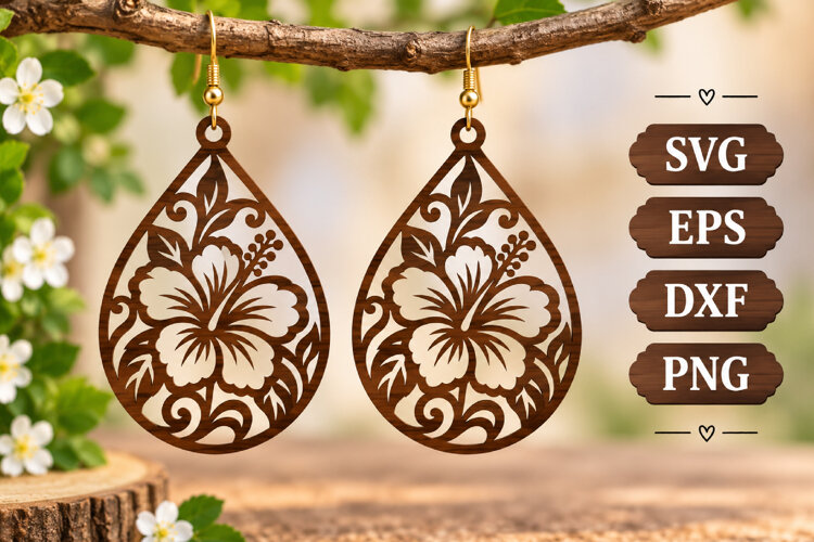 Hibiscus Floral Earring Teardrop Wood Silhouette Laser SVG example image 1
