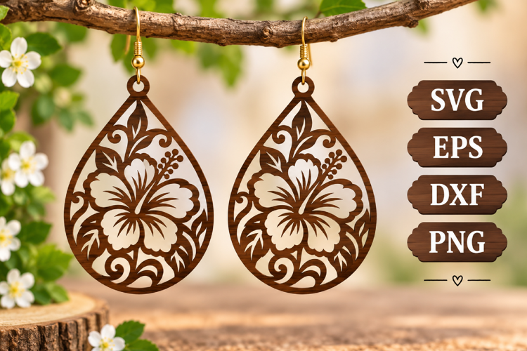Hibiscus Floral Earring Teardrop Wood Silhouette Laser SVG