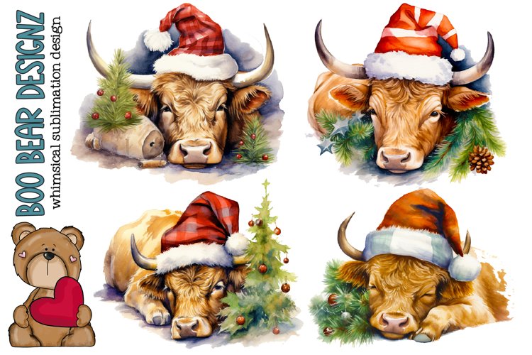 Watercolor Baby Highland Cow Christmas Clipart