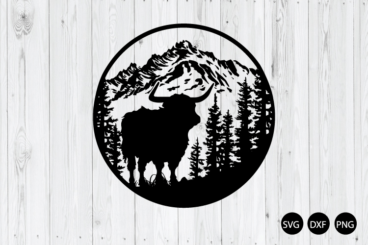 Highland Cow With Forest And Mountain SVG, Highland Cow SVG