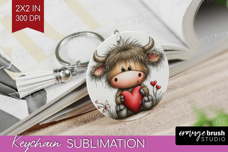 Highland Cow Valentine Keychain PNG Whimsical Animal