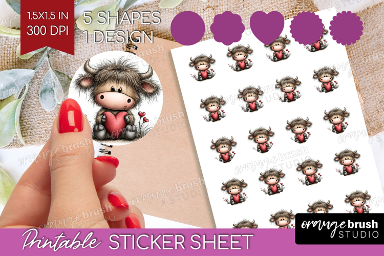 Highland Cow Valentine Round Sticker Whimsical Animal
