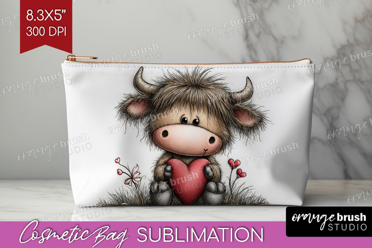 Highland Cow Valentine Cosmetic Bag Whimsical Animal Makeup
