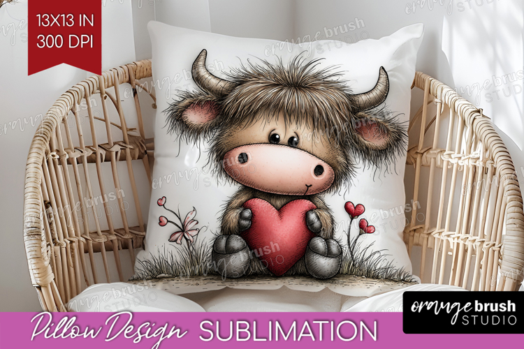 Highland Cow Valentine Pillow Sublimation Whimsical Animal