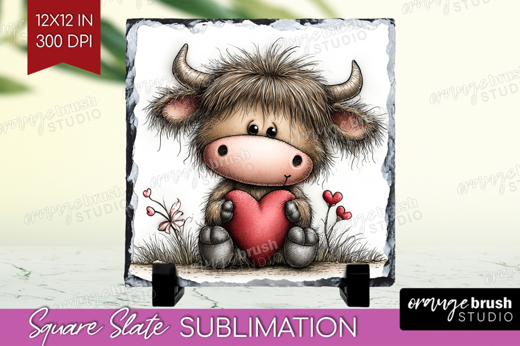Highland Cow Valentine Slate PNG Whimsical Animal Square